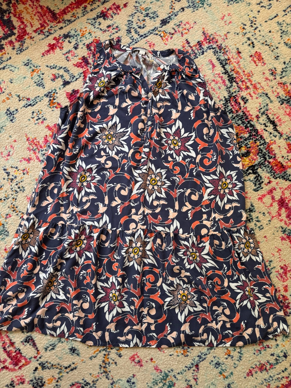 LOFT Navy Floral Button-Front Blouse with Peach & White Blooms